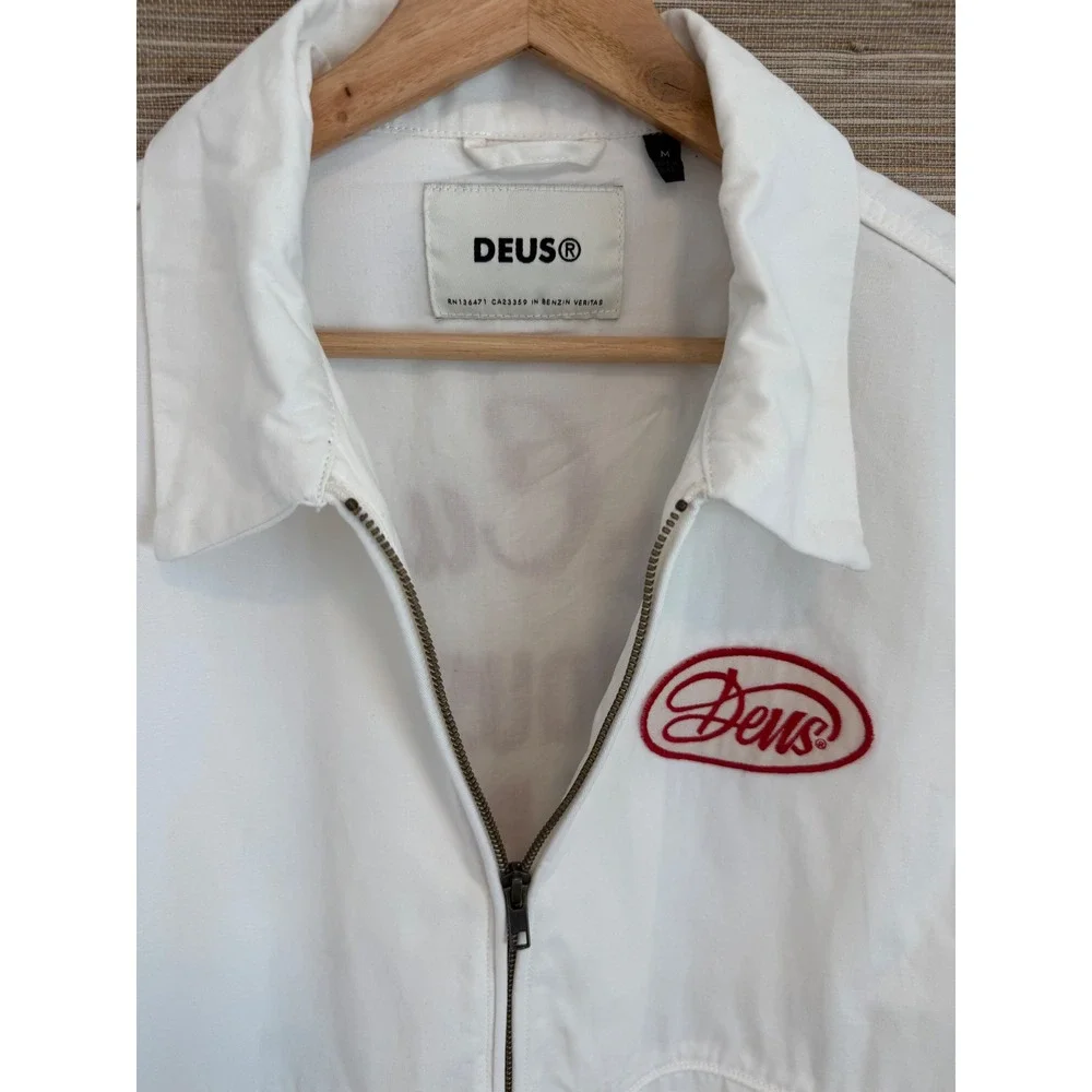 Deus Ex Machina Gulf Drizzler Jacket White Red Embroidered Moto Mechanic - S